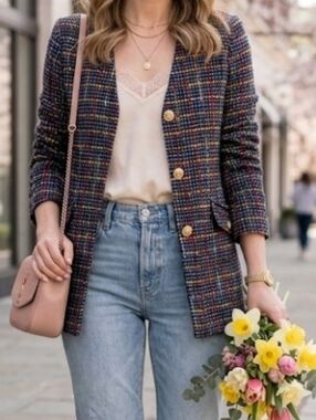 Multicolor Cotton & Wool Tweed Blazer Jacket (Size Small)